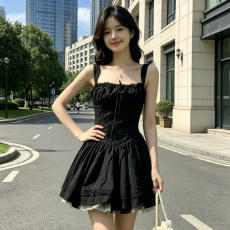 批发夏绑带显瘦短裙网纱蓬蓬裙<b class='q'>连衣裙</b>2026赫本风黑色花纹吊带<b class='q'>连衣裙</b>女
