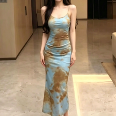 批发法式复古扎染吊带网纱连衣裙女夏季新款高级感温柔风收腰显瘦<b class='q'>长裙</b>