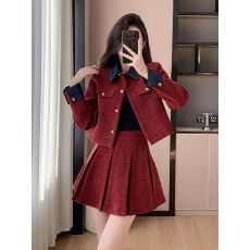 批发秋<b class='q'>冬</b>法式名媛红色小香风连衣裙女本命年衣服新年战袍百褶裙两件套