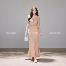 批发双层+内里 温柔风v领连衣裙子女早秋季纯欲风修身<b class='q'>网纱</b>包臀<b class='q'>长裙</b>