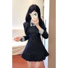 批发韩式温柔气质感假两件翻领<b class='q'>西装</b>百褶连衣裙女学生收腰显瘦a字短裙