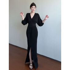 批发纯欲辣妹V领蓬蓬袖开叉<b class='q'>连衣裙</b>女夏季新款修身显瘦高级感包臀长裙