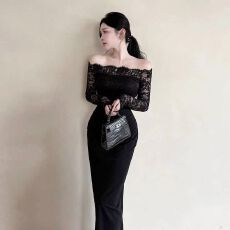 批发纯欲风一字肩黑色礼服裙女春秋季新款蕾丝收腰显瘦包臀长裙子潮
