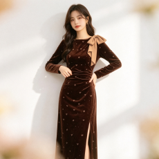 批发高级感优雅时髦冬季新款蝴蝶印花棕色丝绒<b class='q'>连衣裙</b>修身显瘦女神范潮