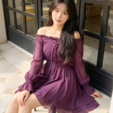 批发大码女装2026秋季新款胖mm显瘦遮肚子<b class='q'>连衣裙</b>女紫色一字肩收腰裙子