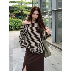 批发韩系宽松蝙蝠袖条纹<b class='q'>T</b><b class='q'>恤</b>上衣女早秋季垂感开叉<b class='q'>裙</b>慵懒感穿搭两件套