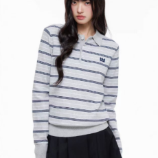 批发质量 棉纱撞色polo<b class='q'>翻领</b>条纹长袖针织衫女秋宽松百搭学院风