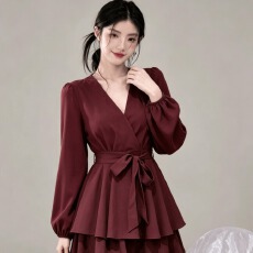 批发纯色显瘦A字短<b class='q'>裤</b>裙女秋季新款女<b class='q'>装</b>宽松高腰交叉V领长袖绑带连衣裙