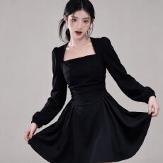 批发微胖mm法式方领长袖连衣裙春秋大码女装<b class='q'>复古</b>收腰显瘦茶歇a字短裙