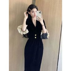 批发法式赫本风黑色丝绒<b class='q'>连衣裙</b>高级感收腰小黑裙<b class='q'>高端</b>轻奢小众礼服裙女