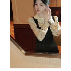 批发复古风黑杏拼色翻领泡泡袖<b class='q'>波点</b>假两件<b class='q'>连衣裙</b> 气质显瘦