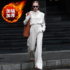 批发<b class='q'>欧美</b>风米白色连帽长袖短款卫衣长<b class='q'>裤</b>休闲运动套装 显瘦气质