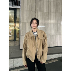 批发休闲风卡其色翻领拉链短款宽松皮衣 显瘦<b class='q'>通勤</b>