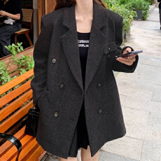 批发韩版深灰色西装领双排扣宽松中<b class='q'>长款</b>毛呢外套 显瘦通勤