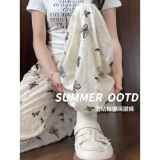 批发有内里新中式蝴蝶结阔腿裤垂感宽松慵懒废土风白色<b class='q'>冰</b><b class='q'>丝</b>破洞裤