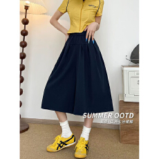 批发藏青色褶皱<b class='q'>裙</b>裤女夏季薄款2026新款小个子高腰宽松休闲<b class='q'>花苞</b>七分裤