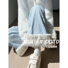 批发蓝色保暖棉裤女冬季2025新款小个子慵懒风高腰加绒防寒束脚<b class='q'>运动裤</b>