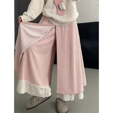 批发粉色蕾丝花边裙裤女秋冬2025新款宽松慵懒显瘦休闲百搭加绒阔腿裤
