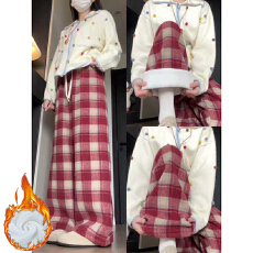 批发红色加绒复古格子裤女秋冬2025新款慵懒高腰宽松小个子毛呢阔腿裤