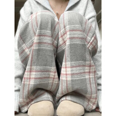 批发灰粉色加绒毛呢格子裤女秋冬2025新款慵懒高腰显瘦垂感休闲阔腿裤