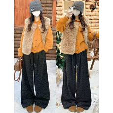 批发深灰豹纹加绒糯米裤女秋<b class='q'>冬</b>新款高腰宽松慵懒休闲小个子直筒阔腿裤