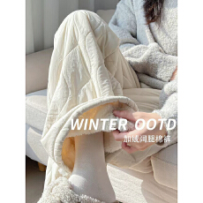 批发米<b class='q'>白色</b>加绒阔腿棉裤秋冬新款高腰休闲加厚保暖羊羔绒窄版直筒裤