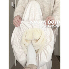 批发米白色慵懒羊羔绒花苞糯米裙裤女秋<b class='q'>冬</b>新款高腰宽松显瘦加绒阔腿裤