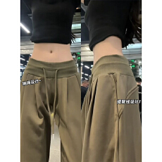 批发韩系军绿色运动<b class='q'>裤</b>女2026夏季新款小个子高腰宽松慵懒休闲阔腿卫<b class='q'>裤</b>