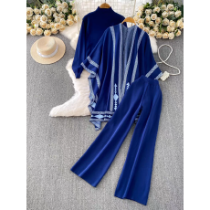 批发欧美小众时髦中长款不规则<b class='q'>条纹</b>针织开衫外套+打底衫+阔腿裤三件套