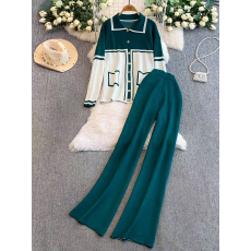 批发慵懒风小众撞色<b class='q'>条纹</b>针织金属扣翻领外套套装休闲高腰阔腿<b class='q'>裤</b><b class='q'>两件套</b>