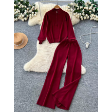 批发韩版时尚<b class='q'>休闲</b>显瘦毛衣<b class='q'>套装</b>女秋冬宽松立领拉链长袖针织上衣阔腿裤