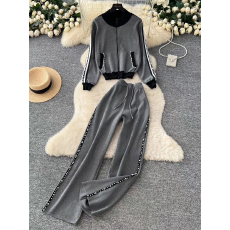 批发港味时尚套装女秋<b class='q'>冬</b>休闲运动重工钉珠立领撞色长袖针织上衣阔腿裤