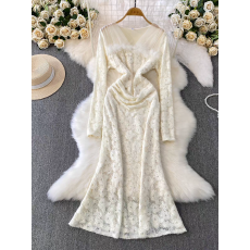 批发欧美高端优雅重工毛毛拼接网纱V领连衣裙女秋<b class='q'>冬</b>收腰鱼尾礼服长裙