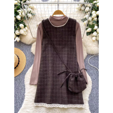 批发秋冬穿搭一整套女韩版甜美<b class='q'>蕾丝</b>花边格纹呢子背心连衣裙+打底上衣