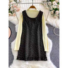 批发法式复古甜美碎花毛呢背心连衣裙女宽松木耳边裙子叠穿打底衫套装