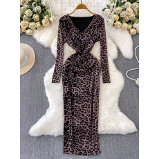 批发<b class='q'>欧美</b>性感交叉V领<b class='q'>礼服</b>连衣裙女2026春秋豹纹烫钻修身显瘦包臀长裙