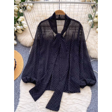 批发法式甜美风蝴蝶结系带波点<b class='q'>衬衫</b>女轻熟风<b class='q'>长袖</b>宽松显瘦通勤百搭上衣