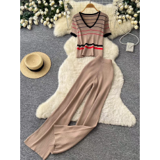 批发松弛风<b class='q'>条纹</b>针织修身型两件套女夏季慵懒风短袖上衣阔腿裤百搭<b class='q'>套装</b>