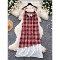 批发2026夏季新款假两件<b class='q'>蕾丝</b>拼接格子吊带裙<b class='q'>连衣裙</b>女装清新宽松裙子