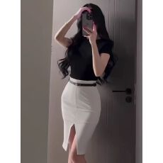 批发气质御姐风套装女夏季新款黑色高领半袖T恤<b class='q'>包臀</b>开叉<b class='q'>半身裙</b>两件套