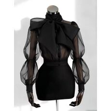 批发设计感黑色蝴蝶结系带长袖衬衫女早<b class='q'>春</b>季新款独特漂亮别致薄款上衣