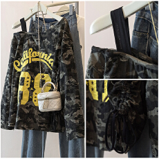 批发实拍胖mm辣妹斜领露肩<b class='q'>迷彩</b>长袖T恤秋修身显瘦设计感抽绳绑带上衣