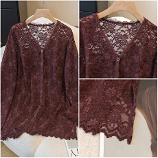 批发实拍胖mm网纱镂空微透蕾丝V领开衫外套秋季百搭显瘦<b class='q'>中长款</b>上衣