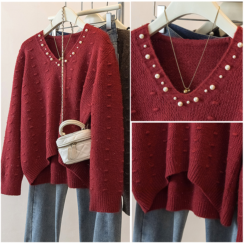 MY14870# 胖mm法式重工钉珠V领设计感针织衫女新款时尚百搭显瘦上衣...
