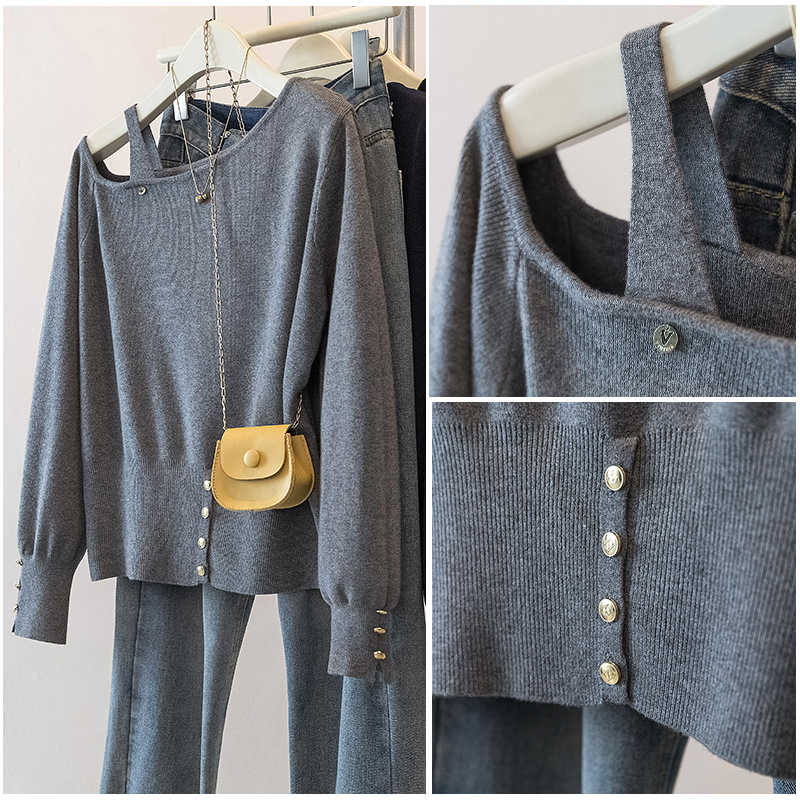 MY14869# 胖mm针织衫方领露肩镂空设计感百搭显瘦软糯开衫上衣潮女裝...