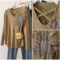 批发实拍胖mm法式交叉领立体花朵针织衫新款设计感重工钉珠气质上衣