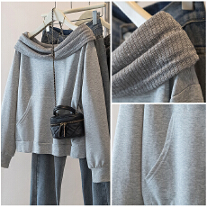 实拍胖mm一字领宽松套头连帽卫衣露肩上衣女显瘦百搭长袖灰色卫衣