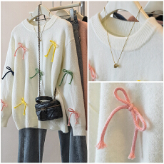 批发实拍胖mm宽松蝴蝶结粉色<b class='q'>毛衣</b>秋冬<b class='q'>中长款</b>慵懒风高级感温柔针织上衣