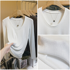 批发实拍胖mm早<b class='q'>春</b>款长袖U领打底衫螺纹针织设计感小众正肩T恤内搭上衣