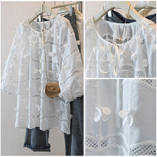 批发实拍法式钩花镂空花朵正肩衬衫女2026春新款大码七分袖娃娃衫上衣